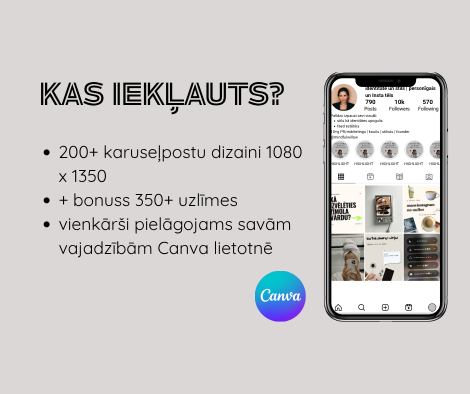 Canva karuseļpostu veidnes satura veidotājiem, mazajiem uzņēmumiem un personīgajiem zīmoliem (+bonuss)