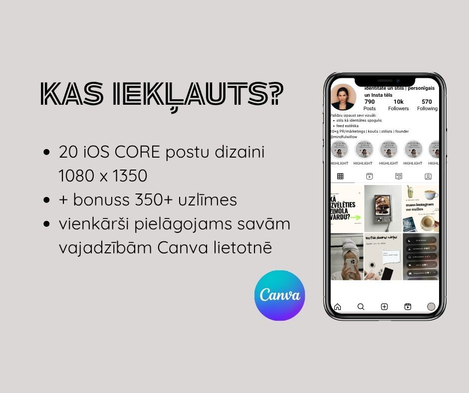 Canva iOS CORE dizaina veidnes satura veidotājiem, mazajiem uzņēmumiem un personīgajiem zīmoliem (+bonuss)