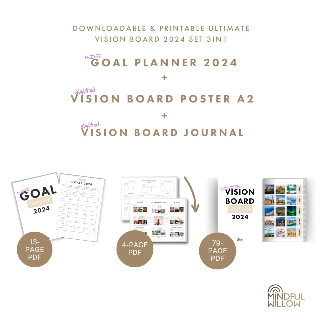 ULTIMATE DIGITAL VISION BOARD 2025 SET 3in1: Mini Goal Planner + Vision Board Journal + Vision Board Poster